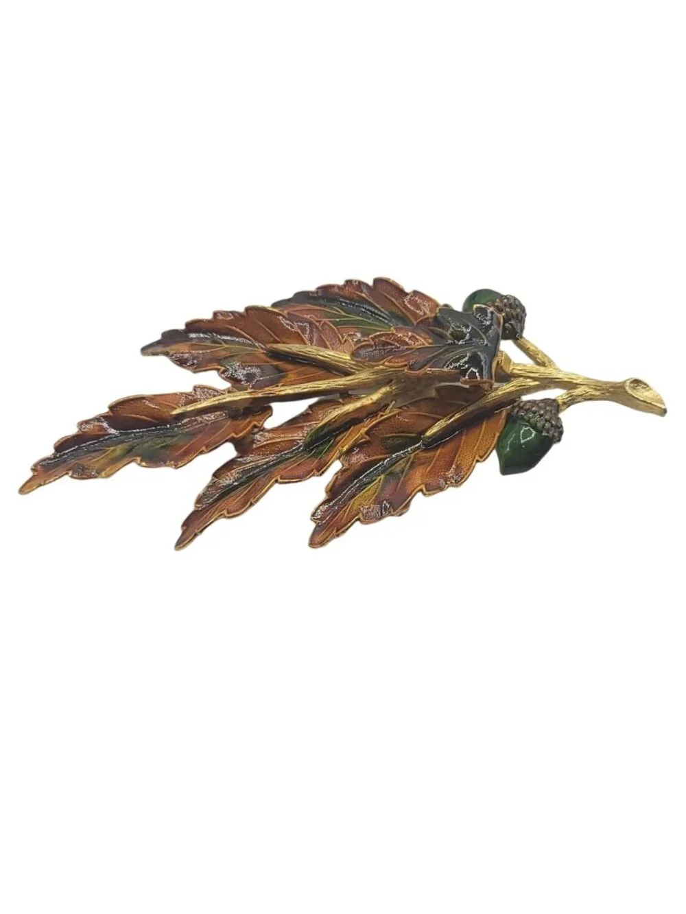 Weiss Brown Green Enamel Maple Leaf Acorn Brooch Signed